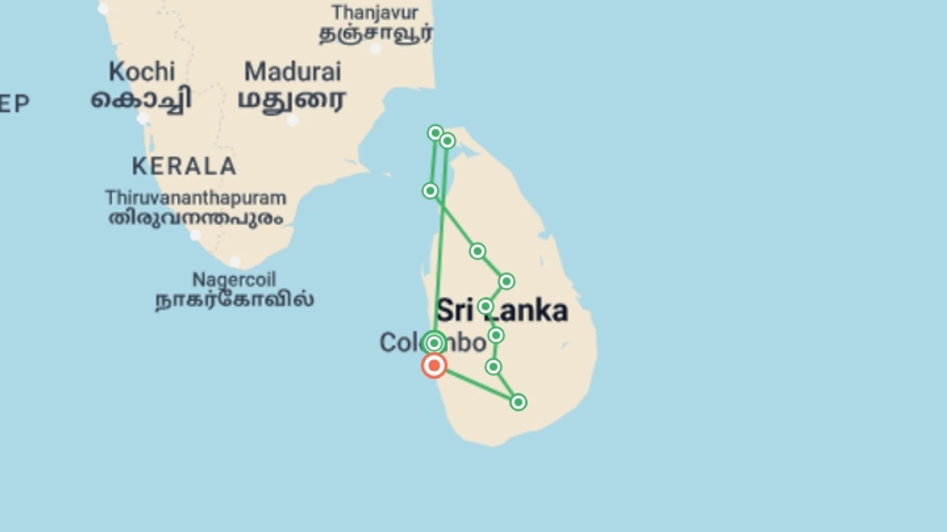 A map showing the tour itinerary for the trip: Sri Lanka Tip to Tip by Road Bike, starting in Negombo, Sri Lanka and ending in Colombo, Sri Lanka going through 9 other destinations.