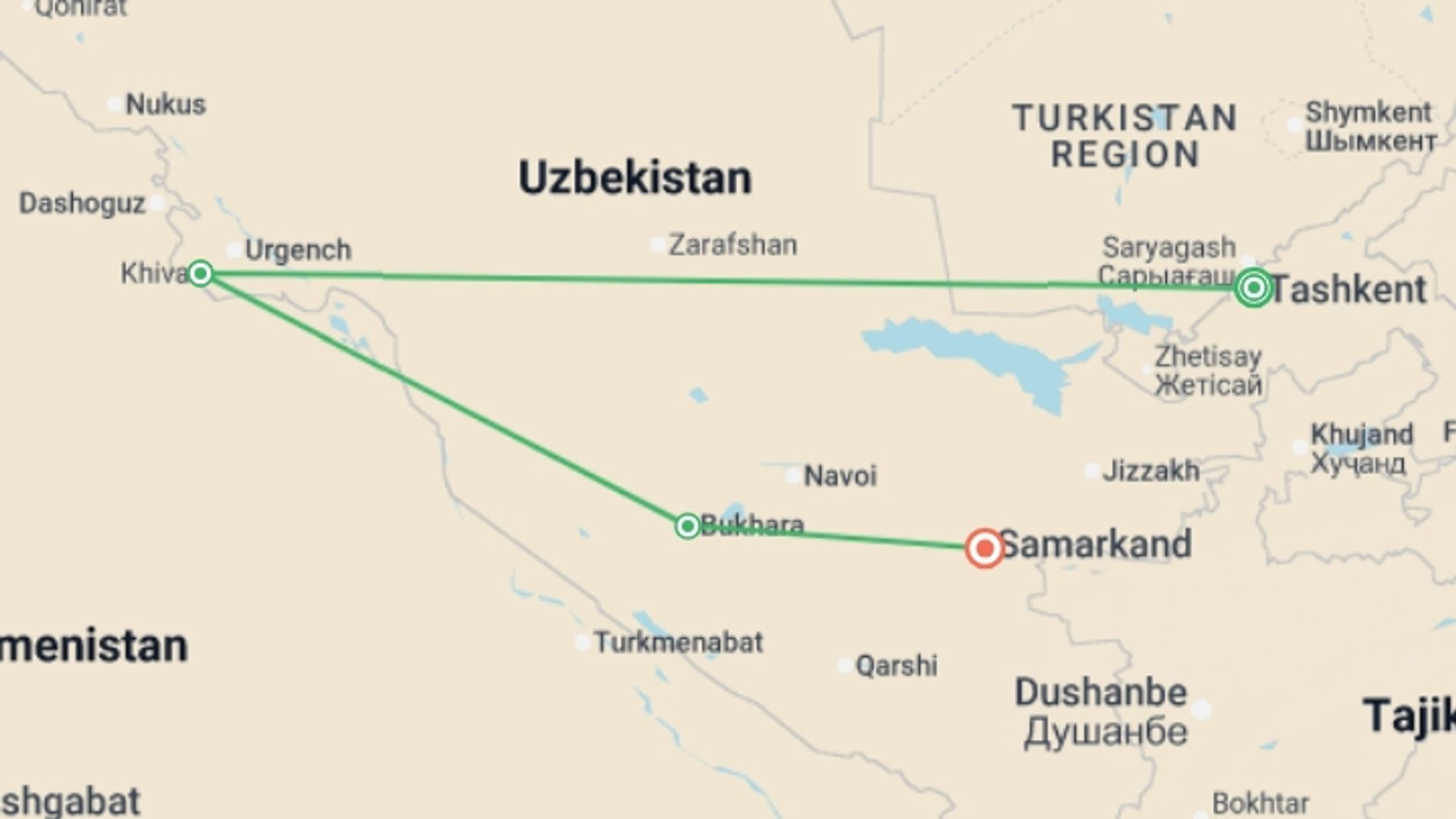 A map showing the tour itinerary for the trip: Uzbekistan See & Experience it all in 8 days, Luxury Tour, starting in Tashkent, Uzbekistan and ending in Samarkand, Uzbekistan going through 2 other destinations.