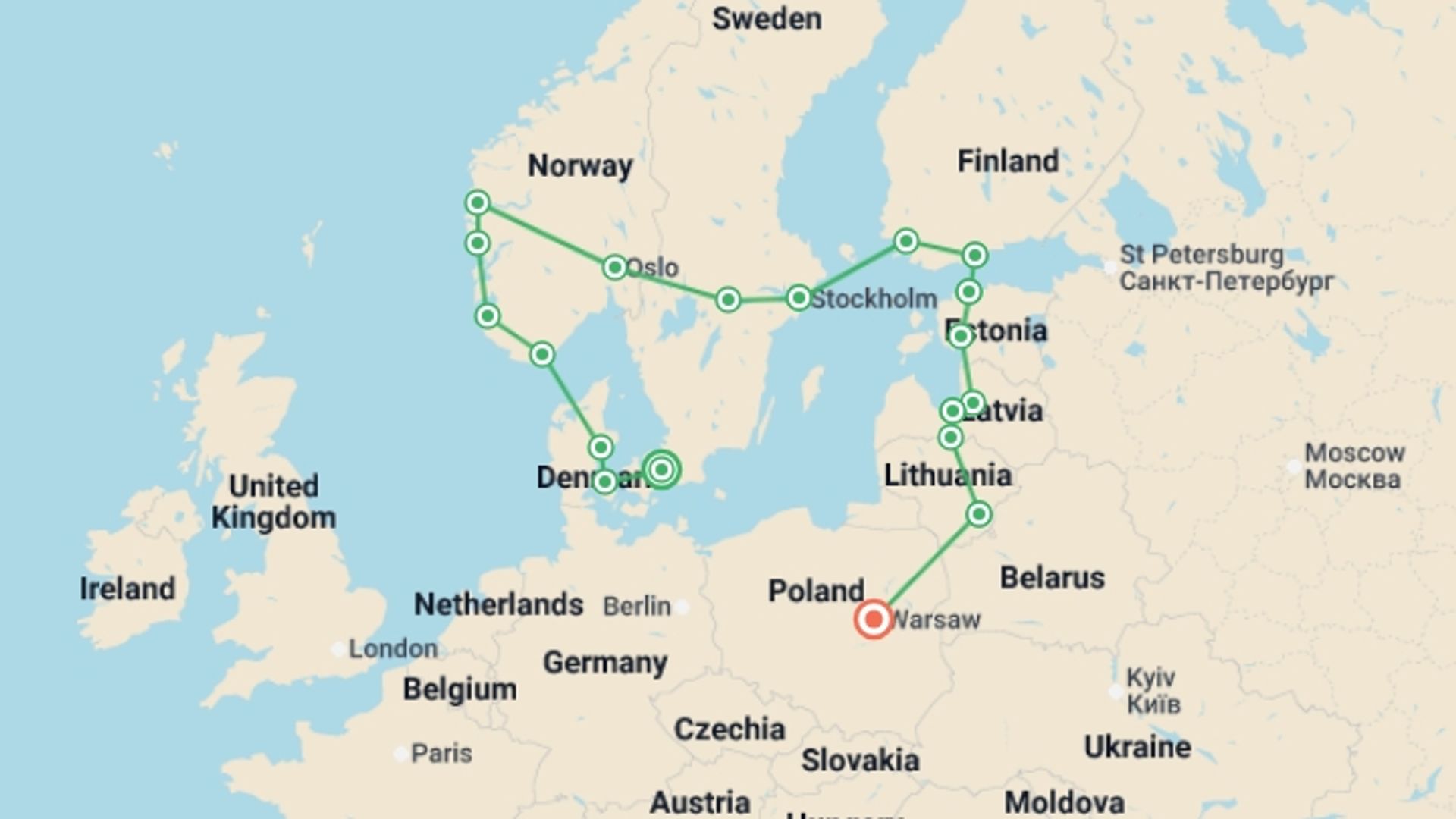 A map showing the tour itinerary for the trip: ScanBaltic Tour, starting in Copenhagen, Denmark and ending in Warsaw, Poland going through 10 other destinations.