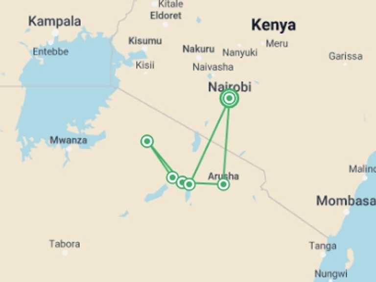 Map itinerary of Kenya Tour in Winter with 5 destination visits for the trip: Tanzania Family Safari