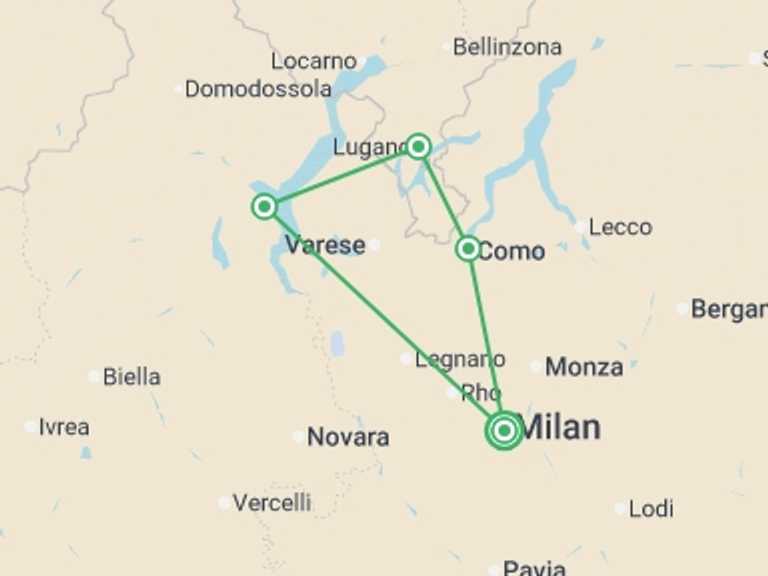 Map itinerary of Europe Tour in June 2026 with 4 destination visits for the trip: Lakes of Italy and Switzerland