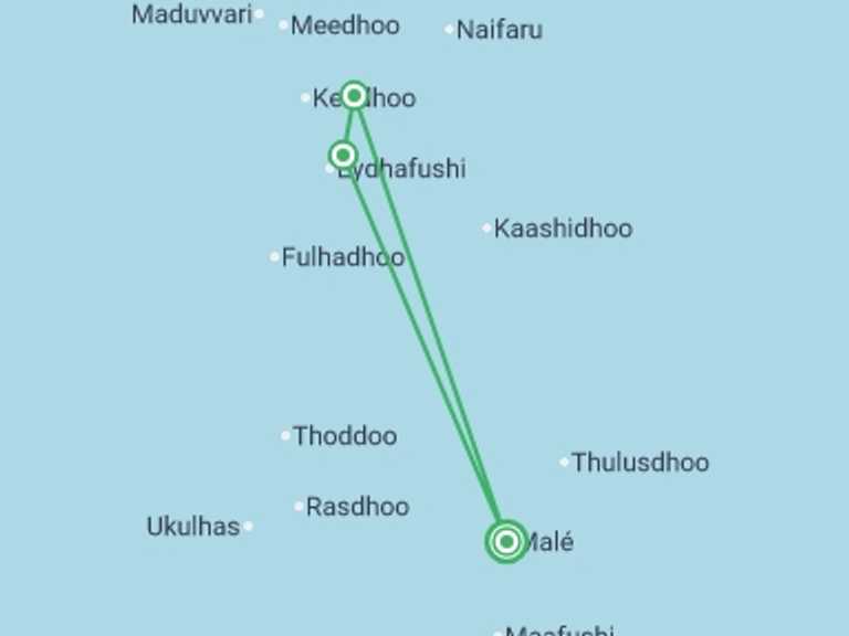 Map itinerary of Asia Tour in August 2026 with 3 destination visits for the trip: Maldives Baa Atoll Adventure - 8 days