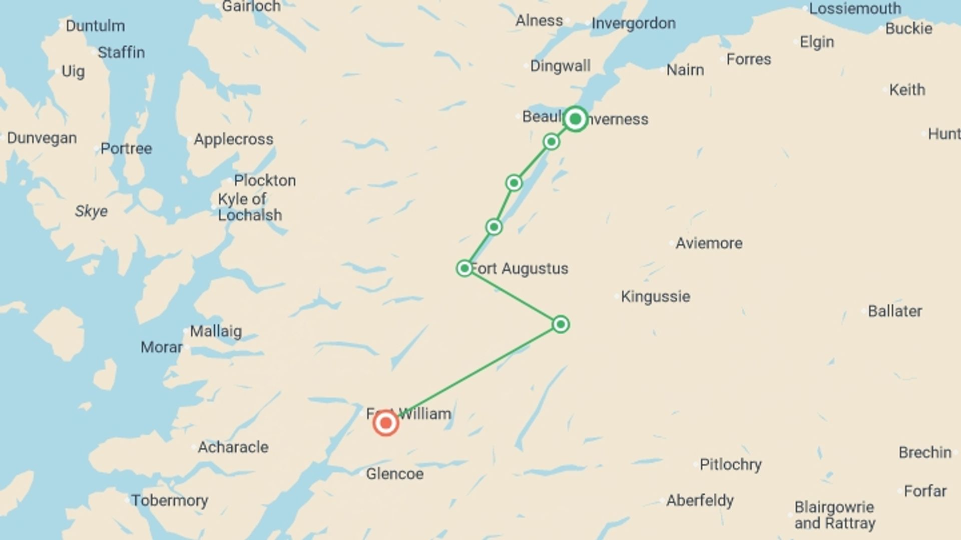 A map showing the tour itinerary for the trip: Scotland Coast to Coast Walk and Barge, starting in Inverness, Scotland and ending in Ben Nevis, Scotland going through 5 other destinations.