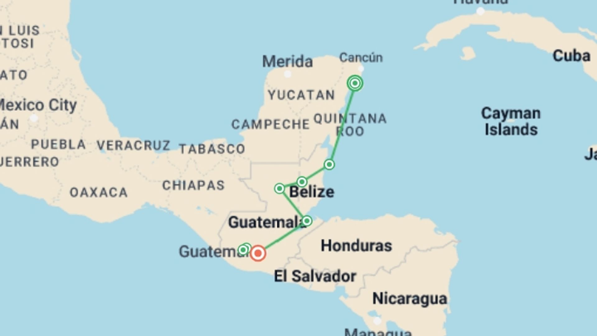 A map showing the tour itinerary for the trip: Basic Central America: Mexico & Guatemala, starting in Playa Del Carmen, Mexico and ending in Antigua, Guatemala going through 6 other destinations.