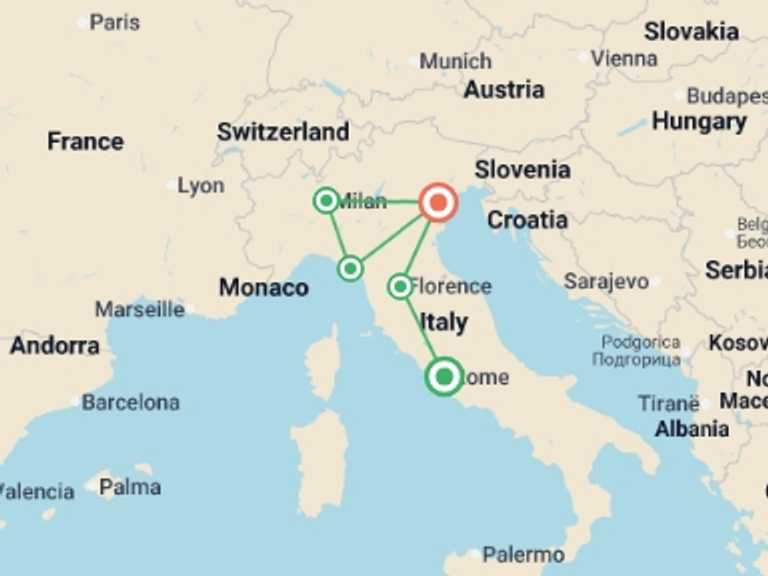 Map itinerary of Italy Tour in August 2026 with 5 destination visits for the trip: Italian Highlights & Liguria - 11 days