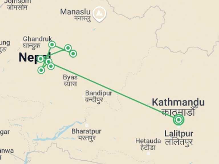 Map itinerary of Nepal Tour in Winter with 6 destination visits for the trip: Trek to Siklis: 11 Days