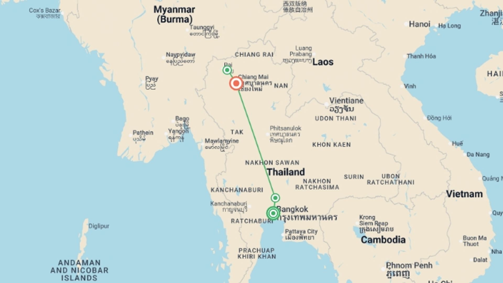 A map showing the tour itinerary for the trip: Trekking in Chiang Mai - 9 days, starting in Bangkok, Thailand and ending in Chiang Mai, Thailand going through 1 other destinations.
