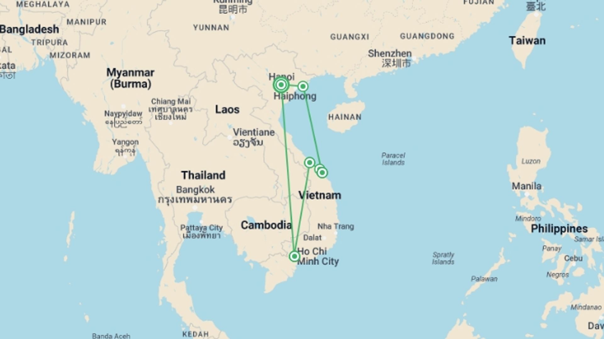 A map showing the tour itinerary for the trip: Vietnam Classic Odyssey: From Northern Mountains to South, starting in Hanoi, Vietnam and ending in Hanoi, Vietnam going through 4 other destinations.