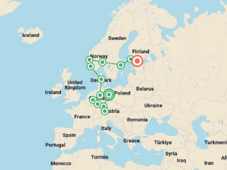 Map itinerary of Scandinavia Tour in October 2025 with 13 destination visits for the trip: Treasures of Germany and Scandinavia with Helsinki