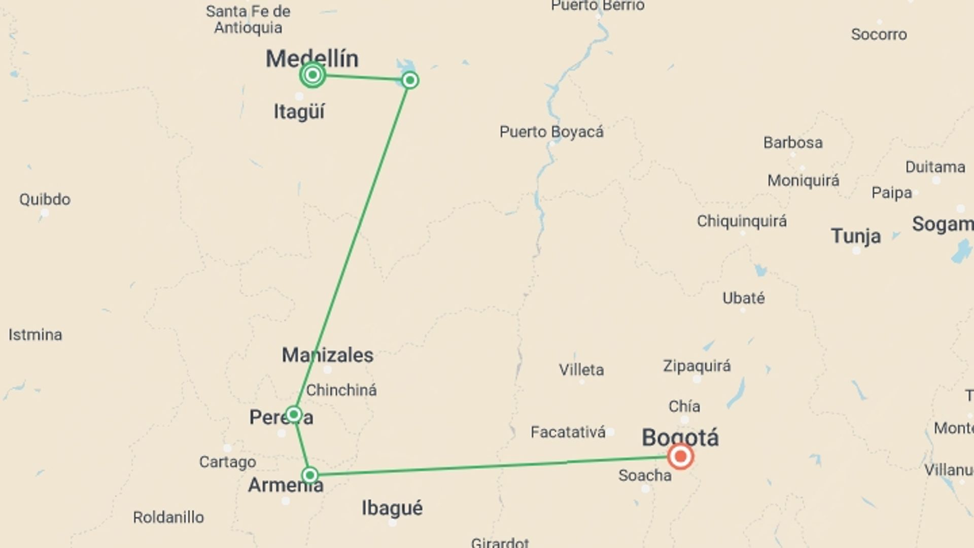 A map showing the tour itinerary for the trip: Colombian Adventure: Hot Springs & Bogotá Streets, starting in Medellin, Colombia and ending in Bogota, Colombia going through 3 other destinations.
