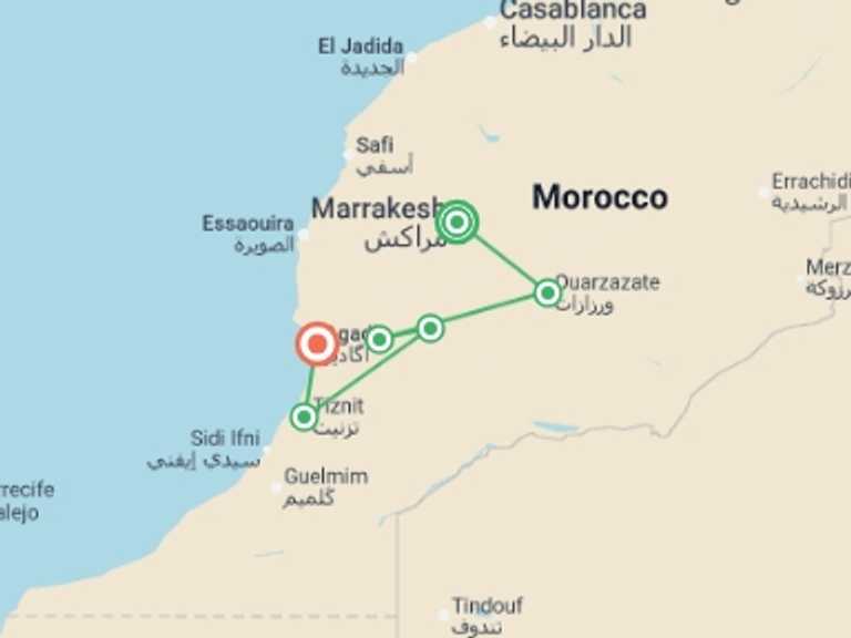 Map itinerary of Mediterranean Tour in December 2026 with 5 destination visits for the trip: Oasis Of The South, Self-drive