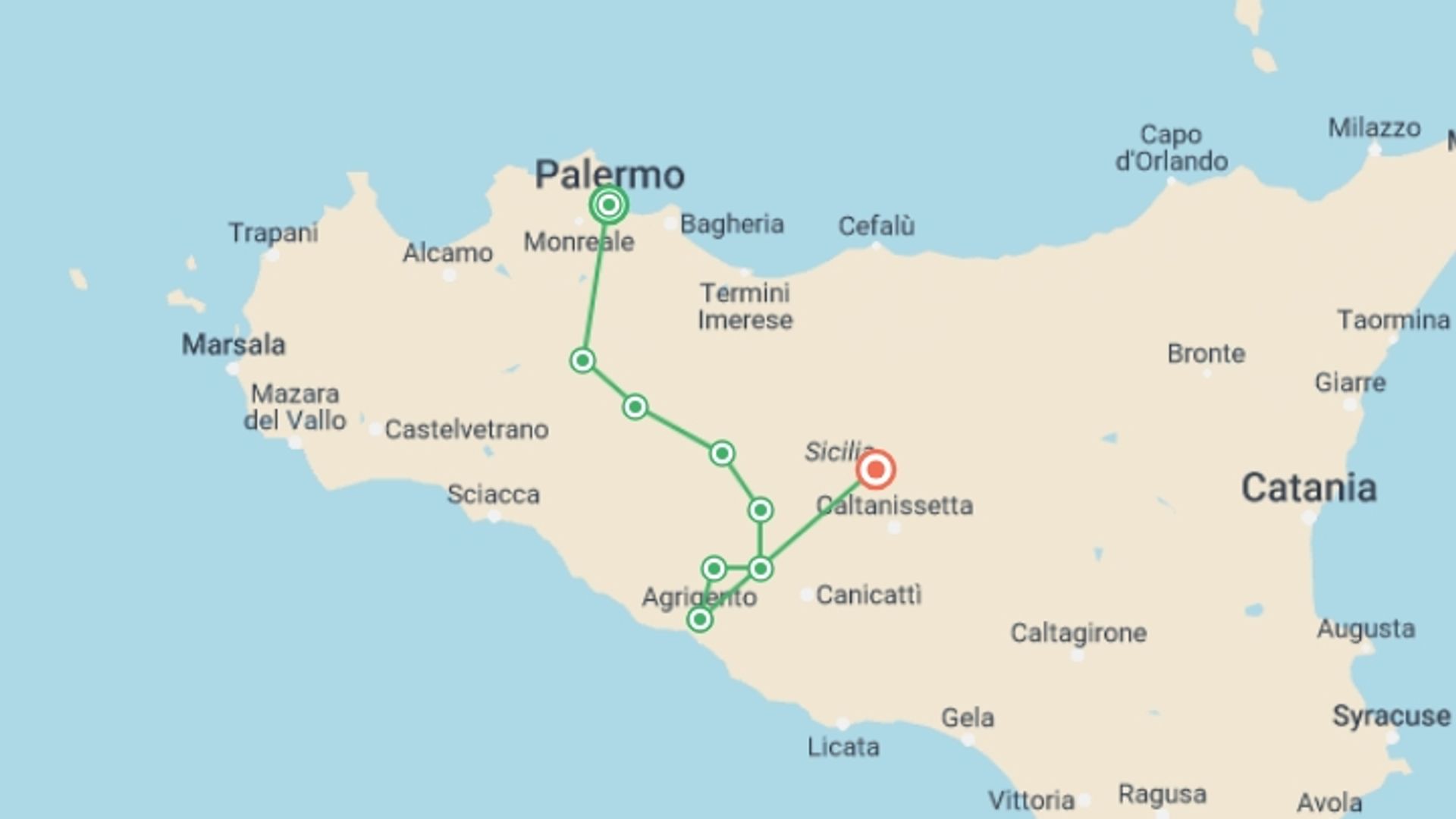 A map showing the tour itinerary for the trip: Sicily - Magna Via Francigena, starting in Palermo, Italy and ending in Sicily, Italy going through 6 other destinations.