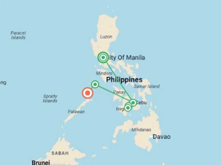 Map itinerary of Coron Tour in Spring with 4 destination visits for the trip: Philippine Islands Youth Adventure - 13 days