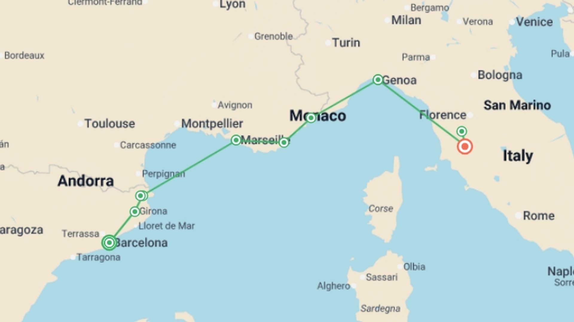 A map showing the tour itinerary for the trip: Mediterranean Coastal Journey Spain, France & Italy, starting in Barcelona, Spain and ending in Tuscany, Italy going through 1 other destinations.