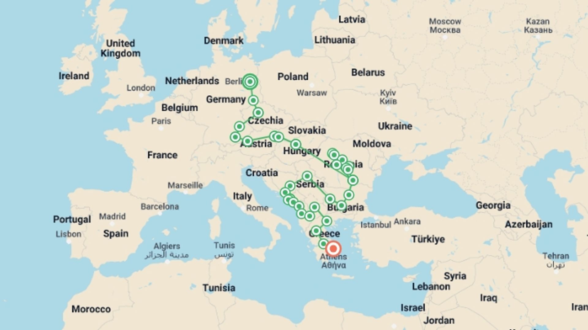 A map showing the tour itinerary for the trip: All Around Europe - 2026, starting in Berlin, Germany and ending in Athens, Greece going through 18 other destinations.