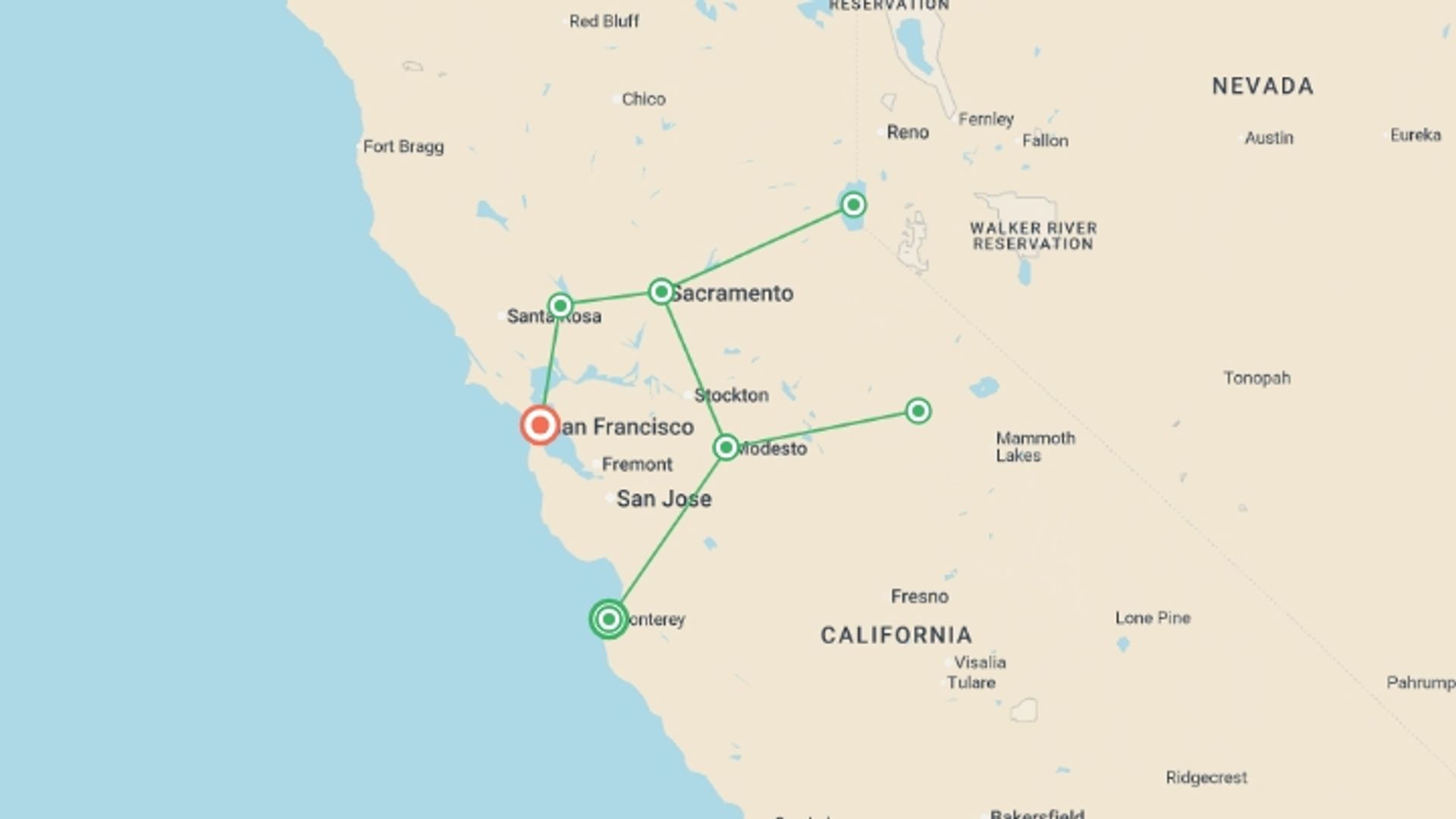 A map showing the tour itinerary for the trip: California Dreamin': Monterey, Yosemite & Napa , starting in Monterey, USA and ending in San Francisco, USA going through 2 other destinations.