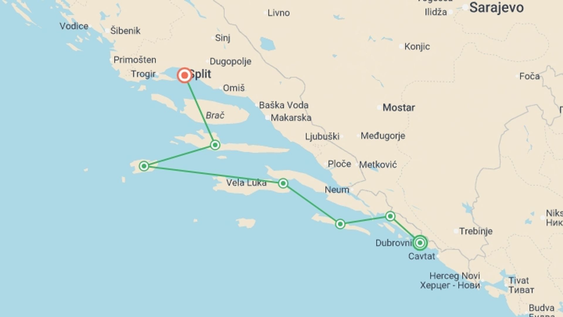 A map showing the tour itinerary for the trip: Premium Adriatic Wonders From Dubrovnik, starting in Dubrovnik, Croatia and ending in Split, Croatia going through 5 other destinations.