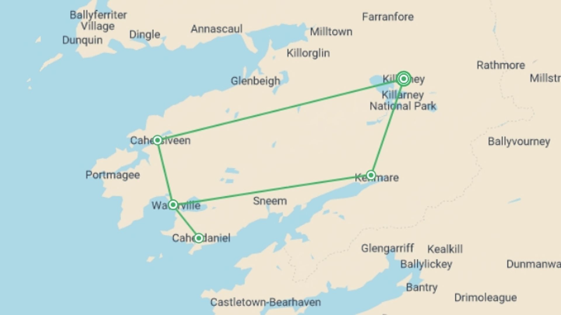 A map showing the tour itinerary for the trip: Ring of Kerry Walk, starting in Killarney, Ireland and ending in Killarney, Ireland going through 5 other destinations.
