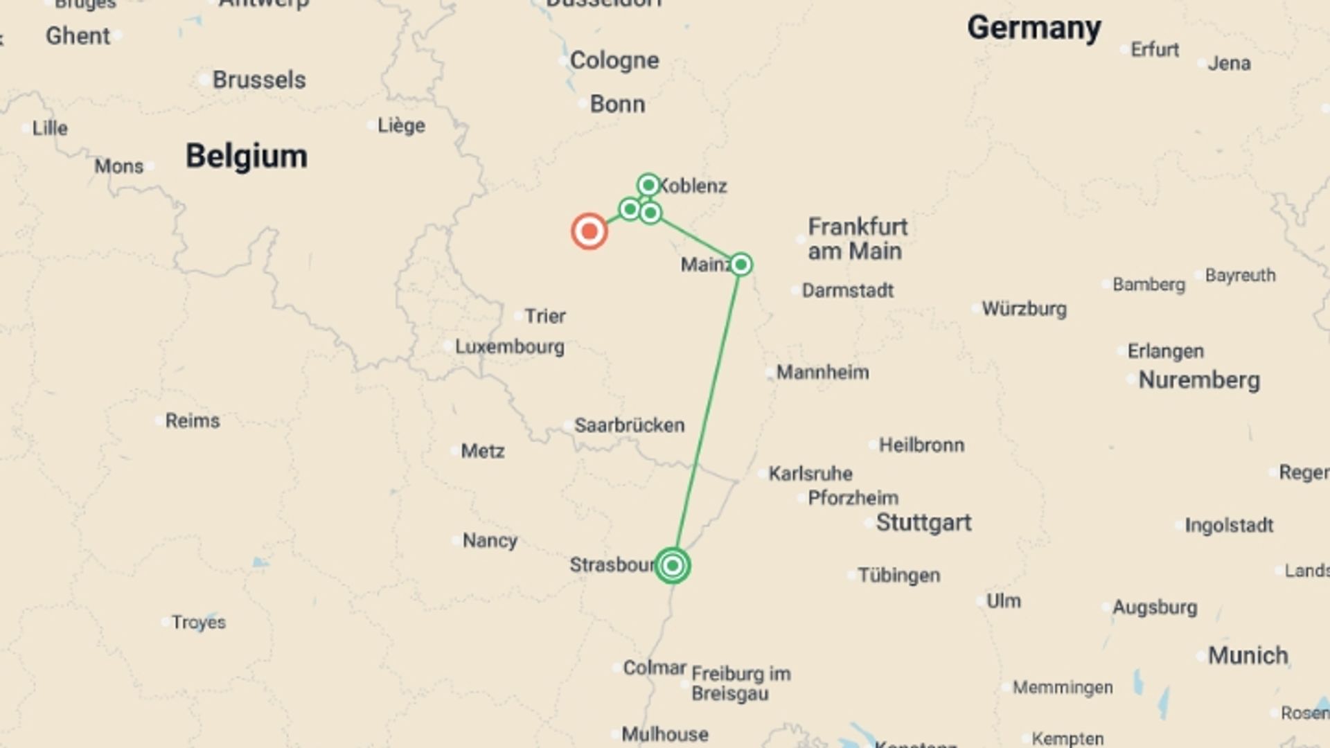 A map showing the tour itinerary for the trip: The Rhine and Moselle Rivers (port-to-port cruise), starting in Strasbourg, France and ending in Cochem, Germany going through 2 other destinations.