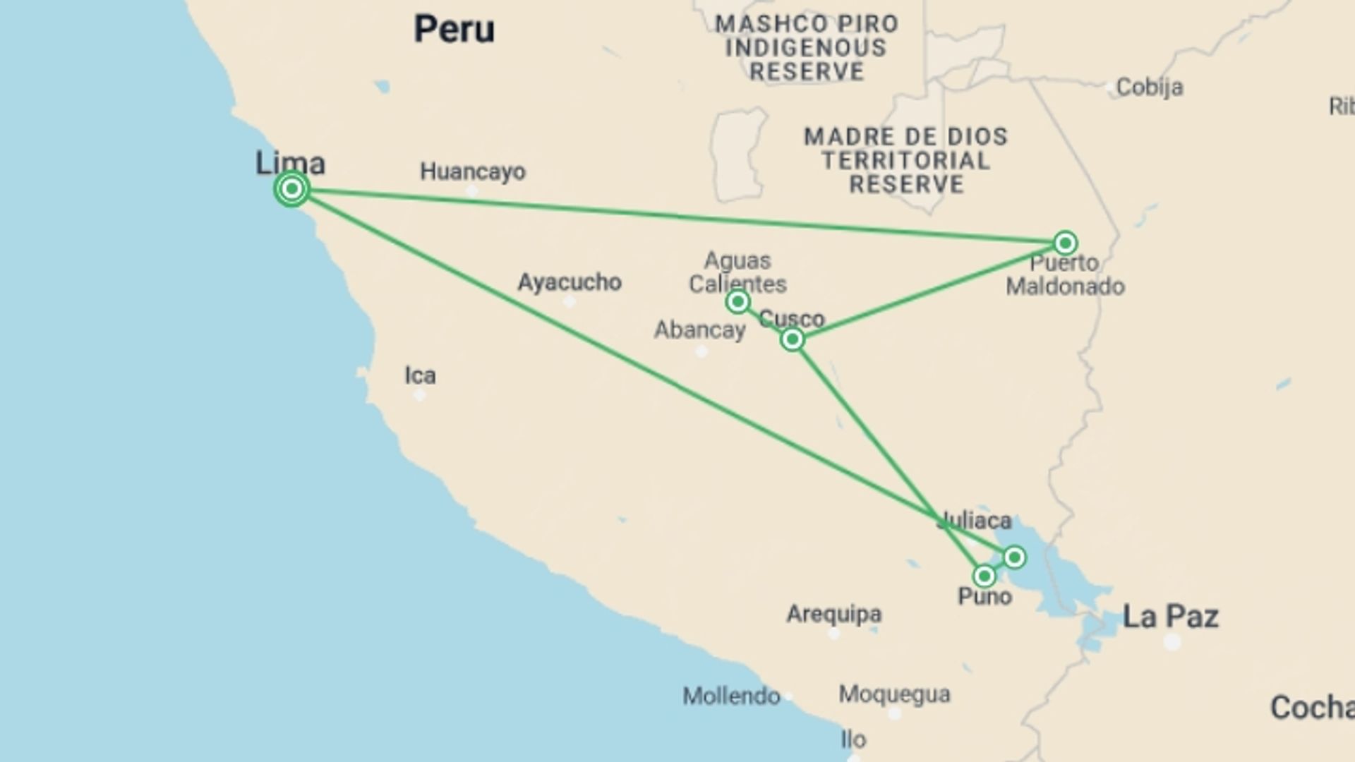 A map showing the tour itinerary for the trip: Inca Trail & the Amazon Rainforest, starting in Lima, Peru and ending in Lima, Peru going through 6 other destinations.