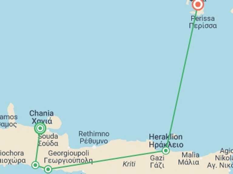 Map itinerary of Greece Tour in June 2027 with 5 destination visits for the trip: Crete & Santorini Discovery