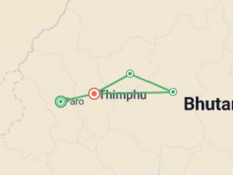 Map itinerary of Thimphu Tour in December 2025 with 4 destination visits for the trip: Bhutan Cultural Premium Tour: Shangrila's Delight