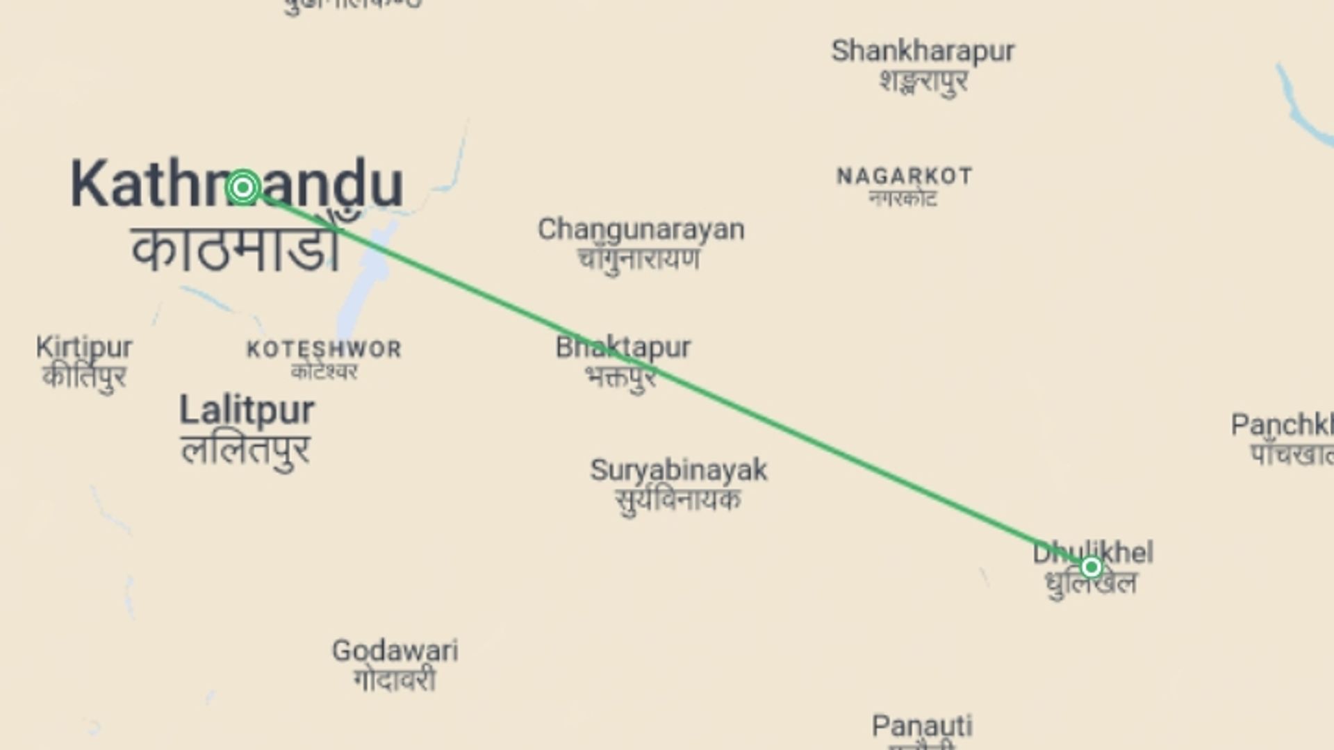 A map showing the tour itinerary for the trip: Cultural tour of Kathmandu Valley, starting in Kathmandu, Nepal and ending in Kathmandu, Nepal going through 1 other destinations.