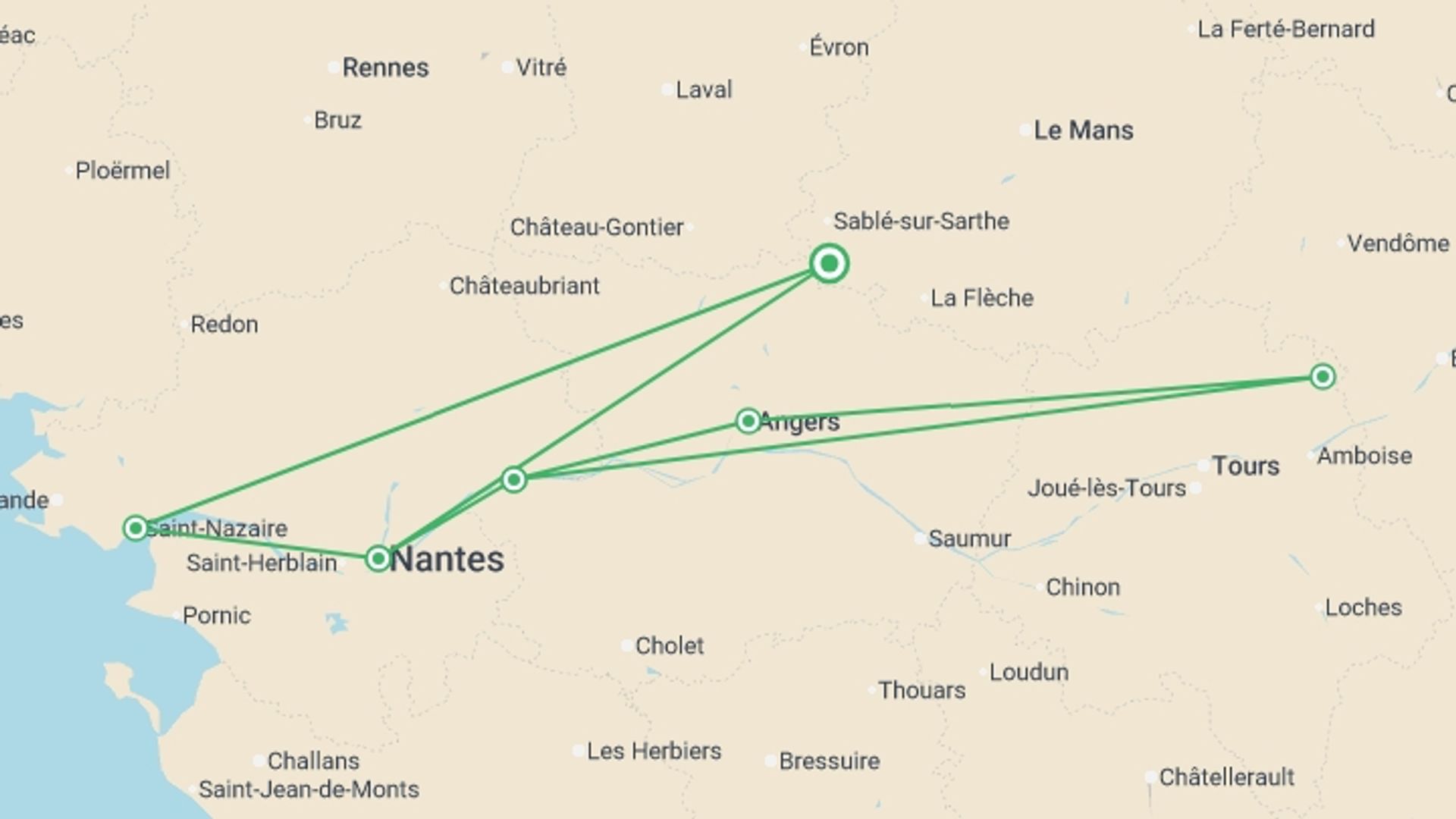 A map showing the tour itinerary for the trip: Family Club - The Loire Valley, a Royal legacy (port-to-port cruise), starting in Pays de la Loire, France and ending in Pays de la Loire, France going through 4 other destinations.