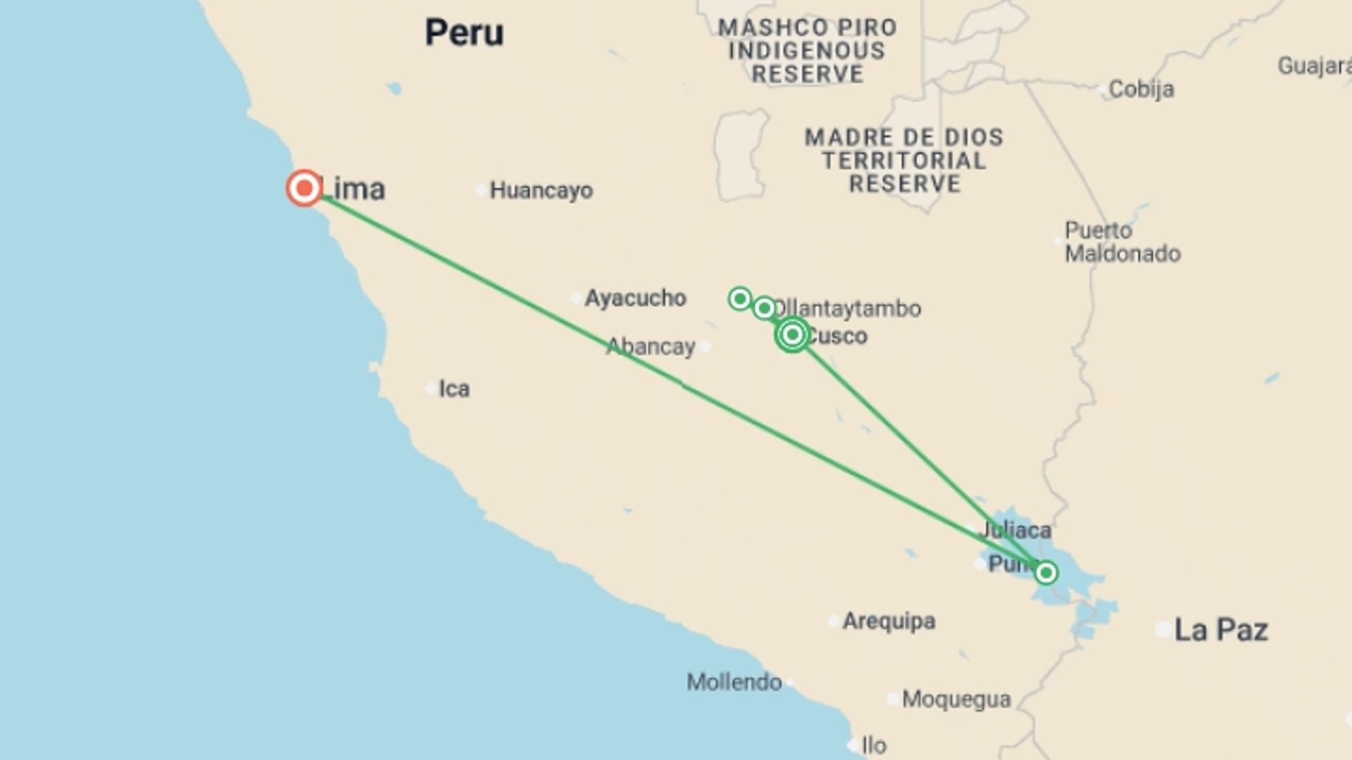A map showing the tour itinerary for the trip: Discover Peru, starting in Cusco, Peru and ending in Lima, Peru going through 4 other destinations.