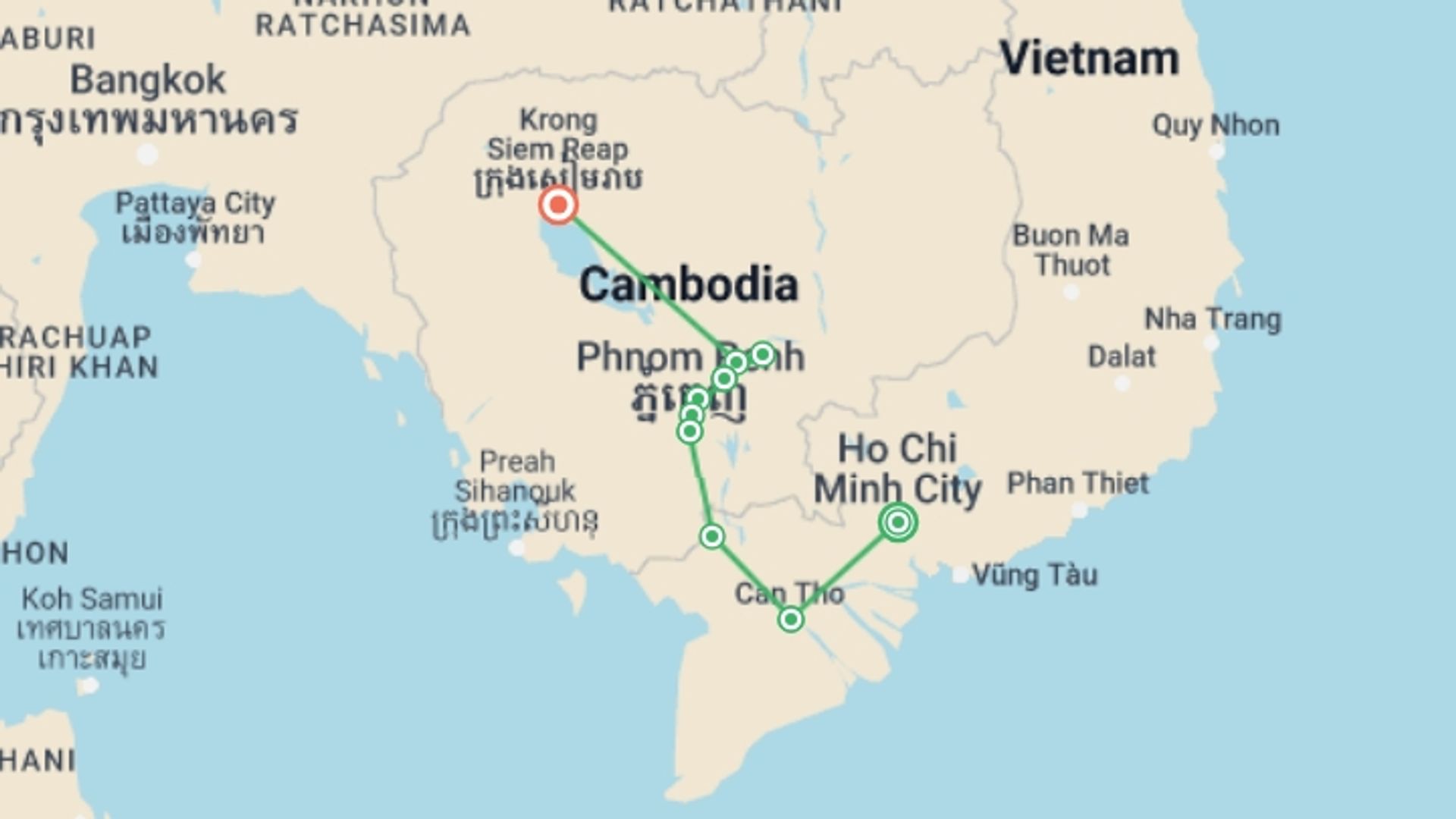 A map showing the tour itinerary for the trip: Mystical Mekong - Saigon to Angkor, starting in Ho Chi Minh City, Vietnam and ending in Siem Reap, Cambodia going through 5 other destinations.