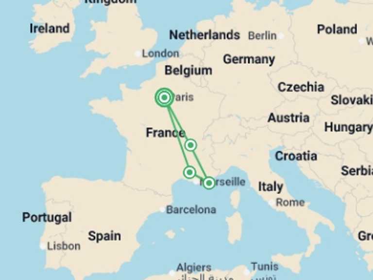 Map itinerary of France Tour in May 2026 with 4 destination visits for the trip: Wonderful France