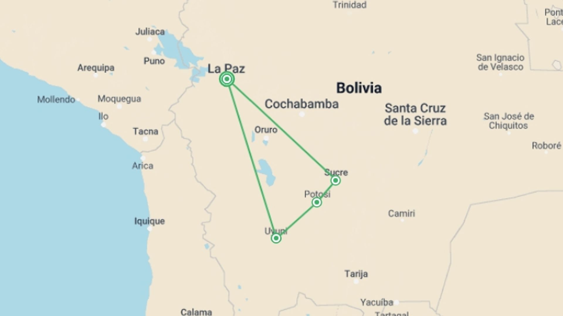 A map showing the tour itinerary for the trip: Journeys: Highlights of Bolivia, starting in La Paz, Bolivia and ending in La Paz, Bolivia going through 3 other destinations.