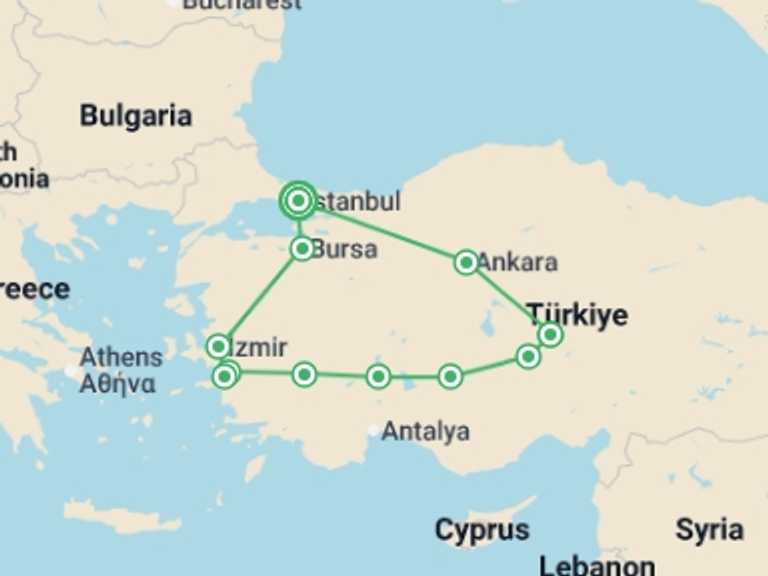 Map itinerary of Turkey Tour in May 2026 with 6 destination visits for the trip: Turkey
