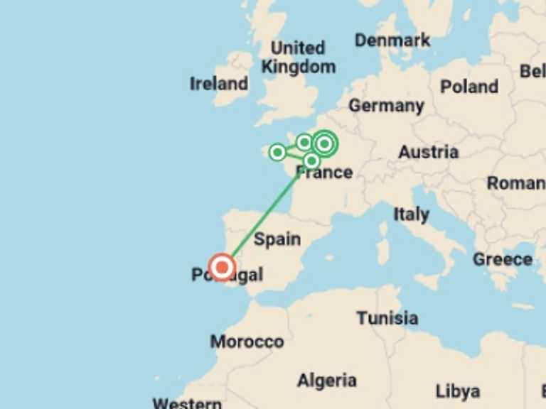 Map of Europe Tour with 5 destination visits for the trip: Lisbon And Highlights Of Paris Normandy And The Loire Valley