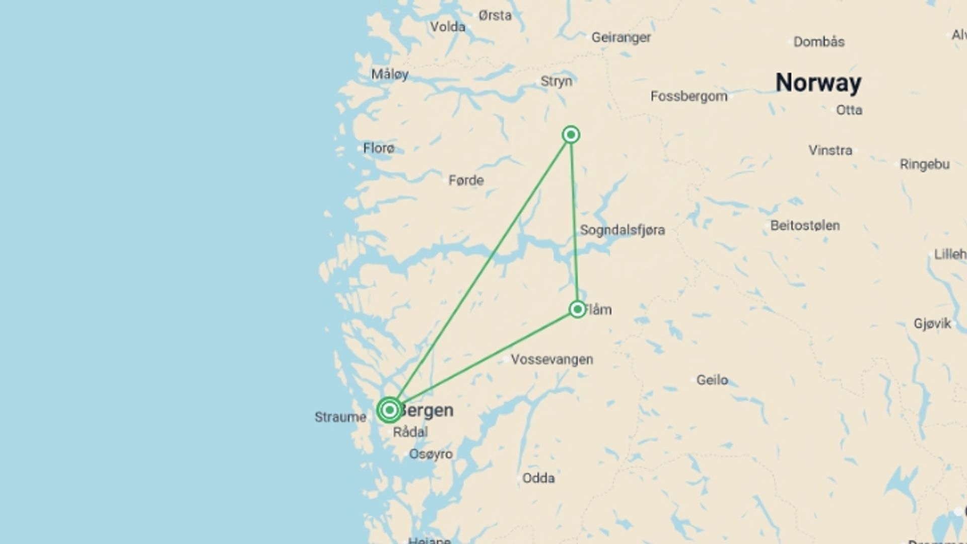 A map showing the tour itinerary for the trip: Norway Self Drive - 8 days, starting in Bergen, Norway and ending in Bergen, Norway going through 2 other destinations.
