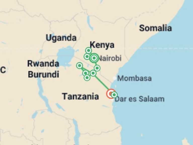 Map of Africa Tour with 10 destination visits for the trip: East Africa: Kenya, Tanzania & Zanzibar's Beaches