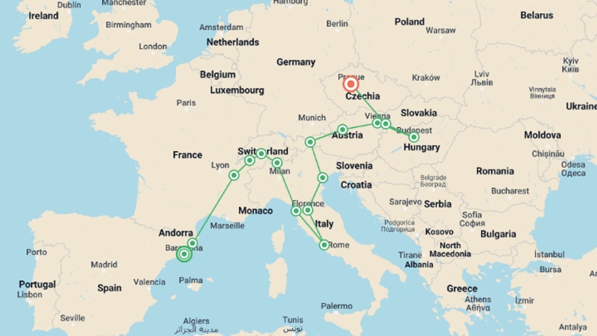 A map showing the tour itinerary for the trip: Magnific Holidays, starting in Barcelona, Spain and ending in Prague, Czech Republic going through 0 other destinations.