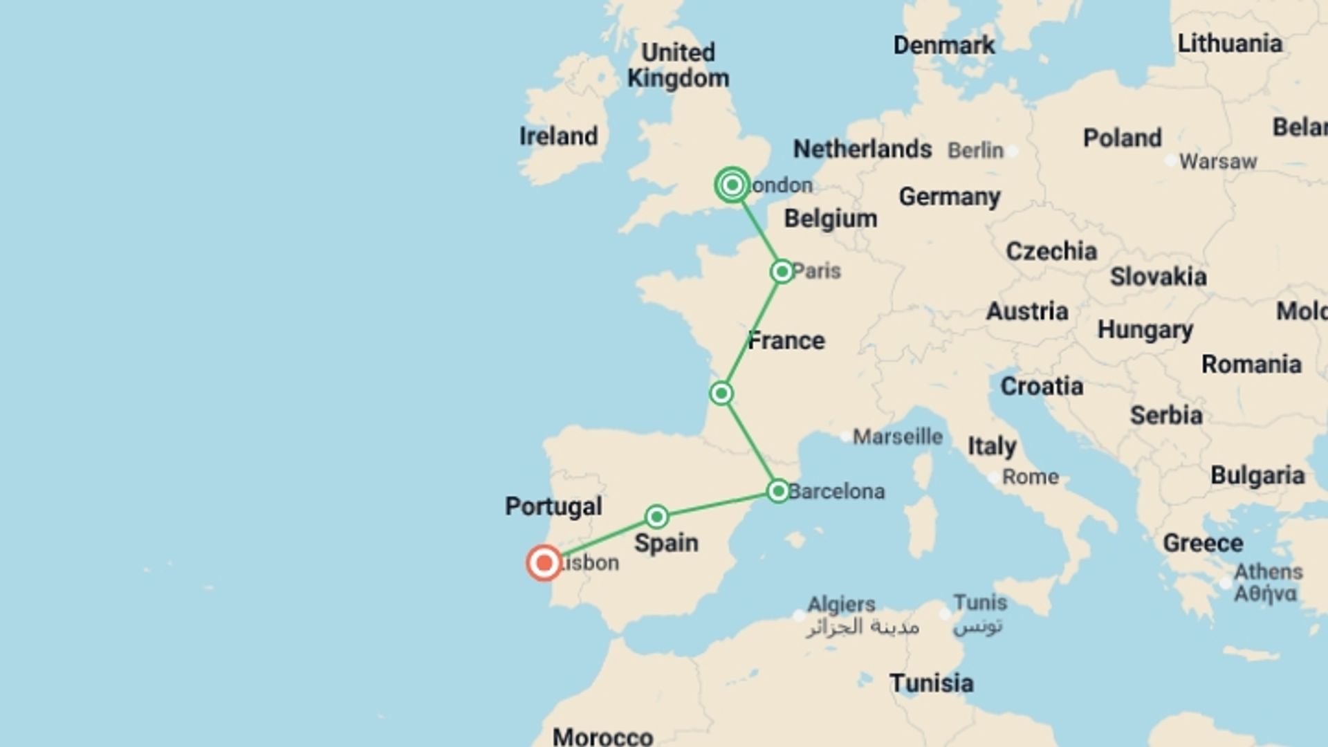 A map showing the tour itinerary for the trip: London to Lisbon: Western Wonders , starting in London, England and ending in Lisbon, Portugal going through 4 other destinations.