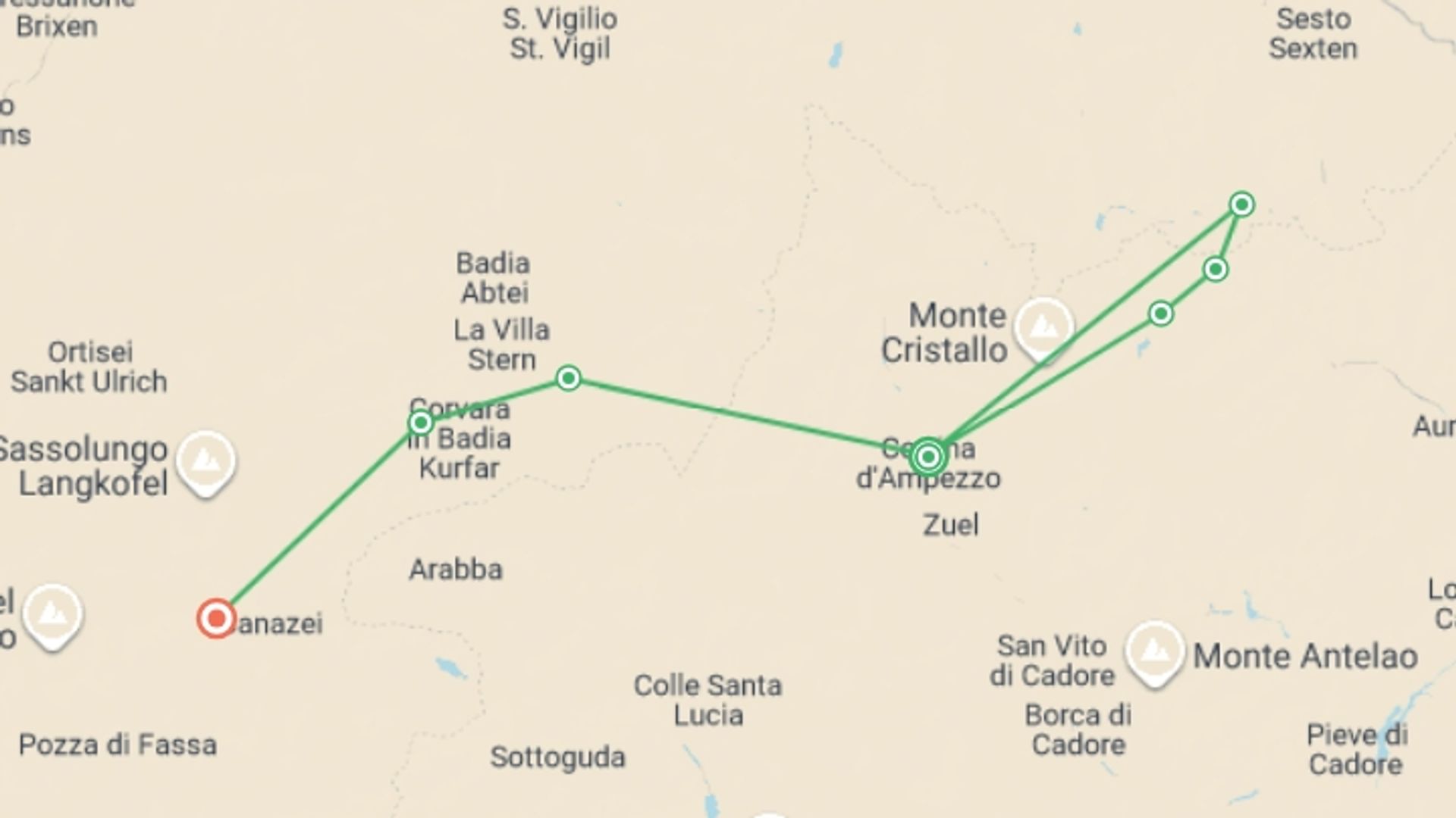 A map showing the tour itinerary for the trip: Walking in the Dolomites, starting in Cortina d'Ampezzo, Italy and ending in Campitello Di Fassa, Italy going through 3 other destinations.