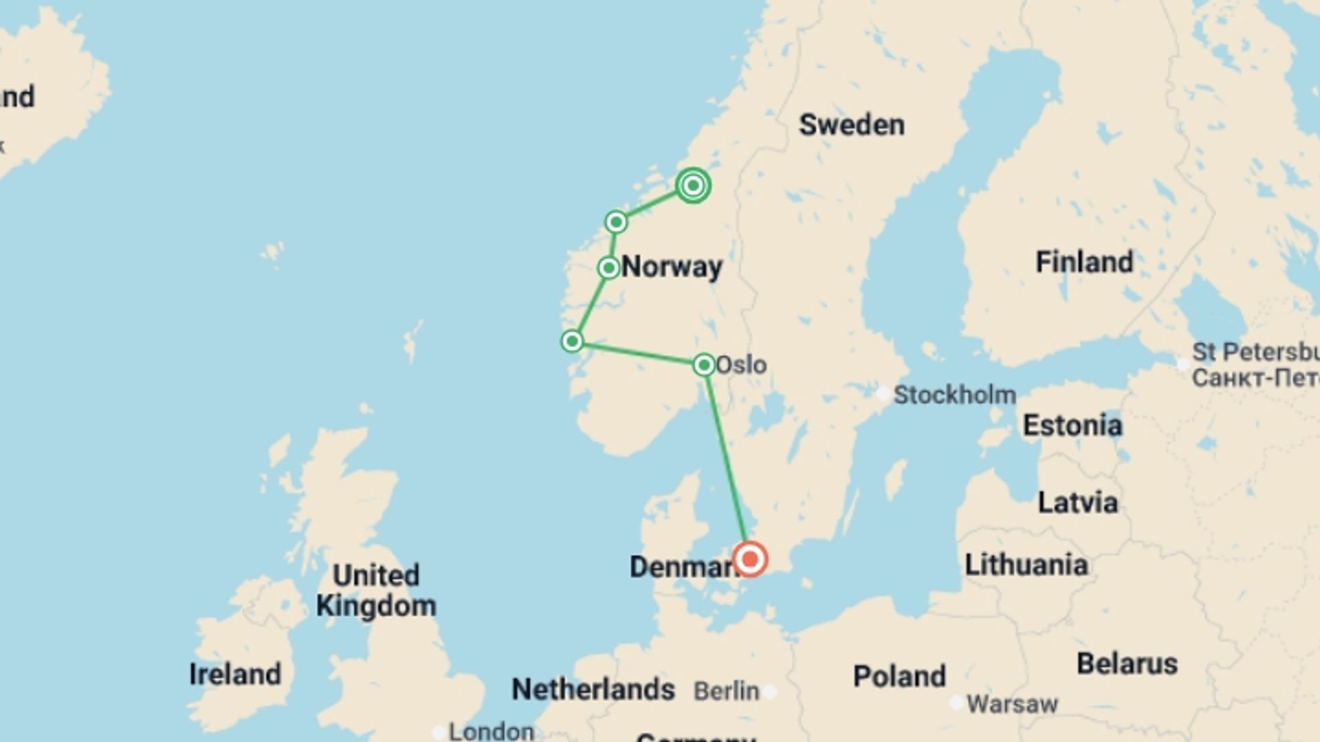 A map showing the tour itinerary for the trip: The beautiful Norway End Copenhagen, starting in Trondheim, Norway and ending in Copenhagen, Denmark going through 4 other destinations.