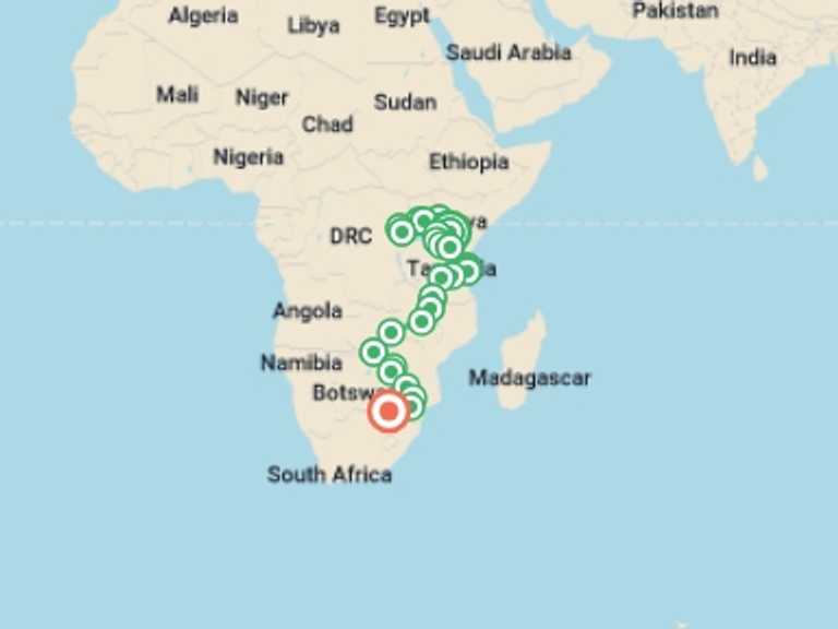 Map of Nairobi Active and outdoor Tour with 27 destination visits for the trip: 46-day Gorillas to Victoria Falls  Kruger Camping