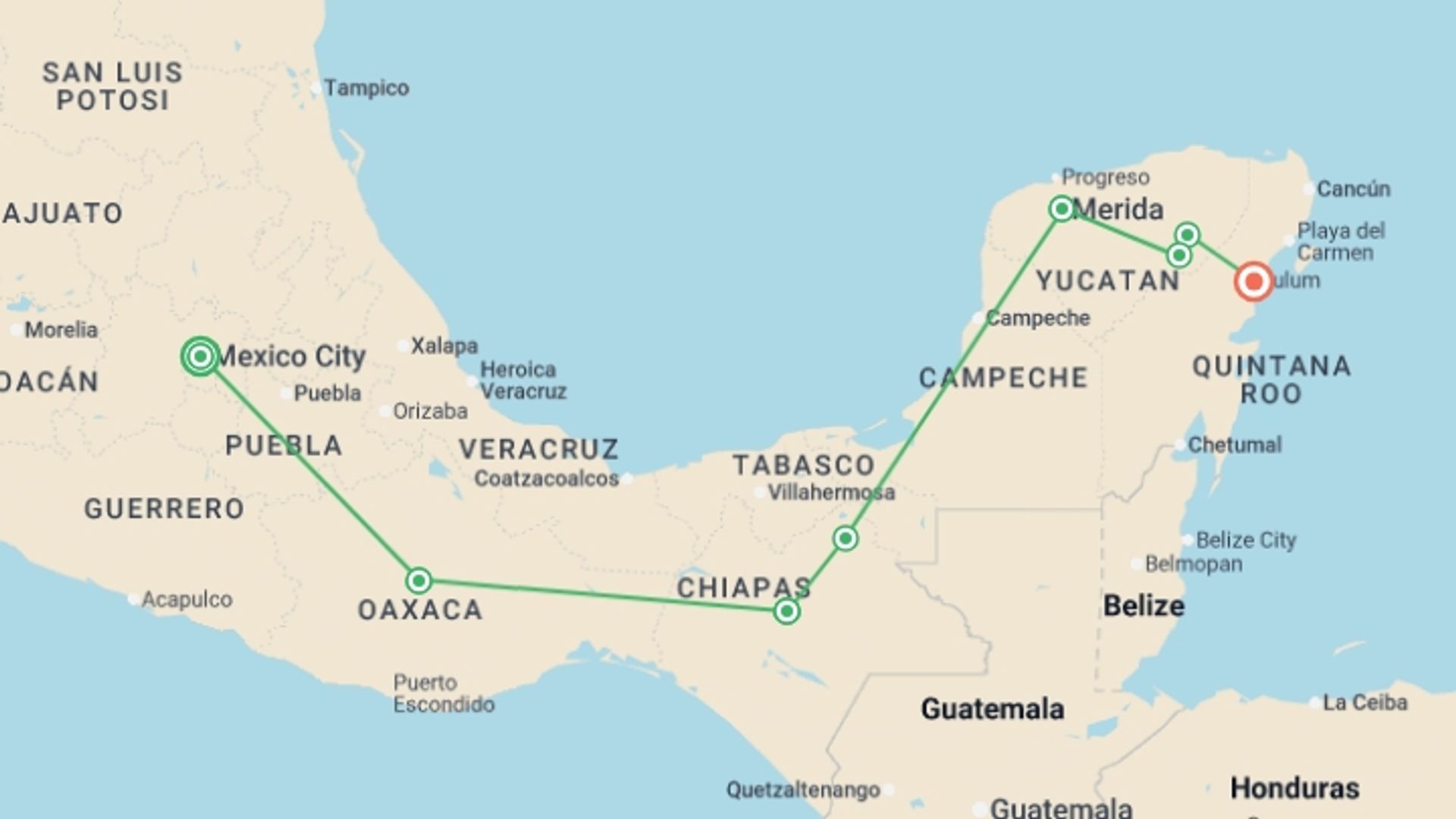 A map showing the tour itinerary for the trip: Mexico City to Tulum, starting in Mexico City, Mexico and ending in Tulum, Mexico going through 5 other destinations.