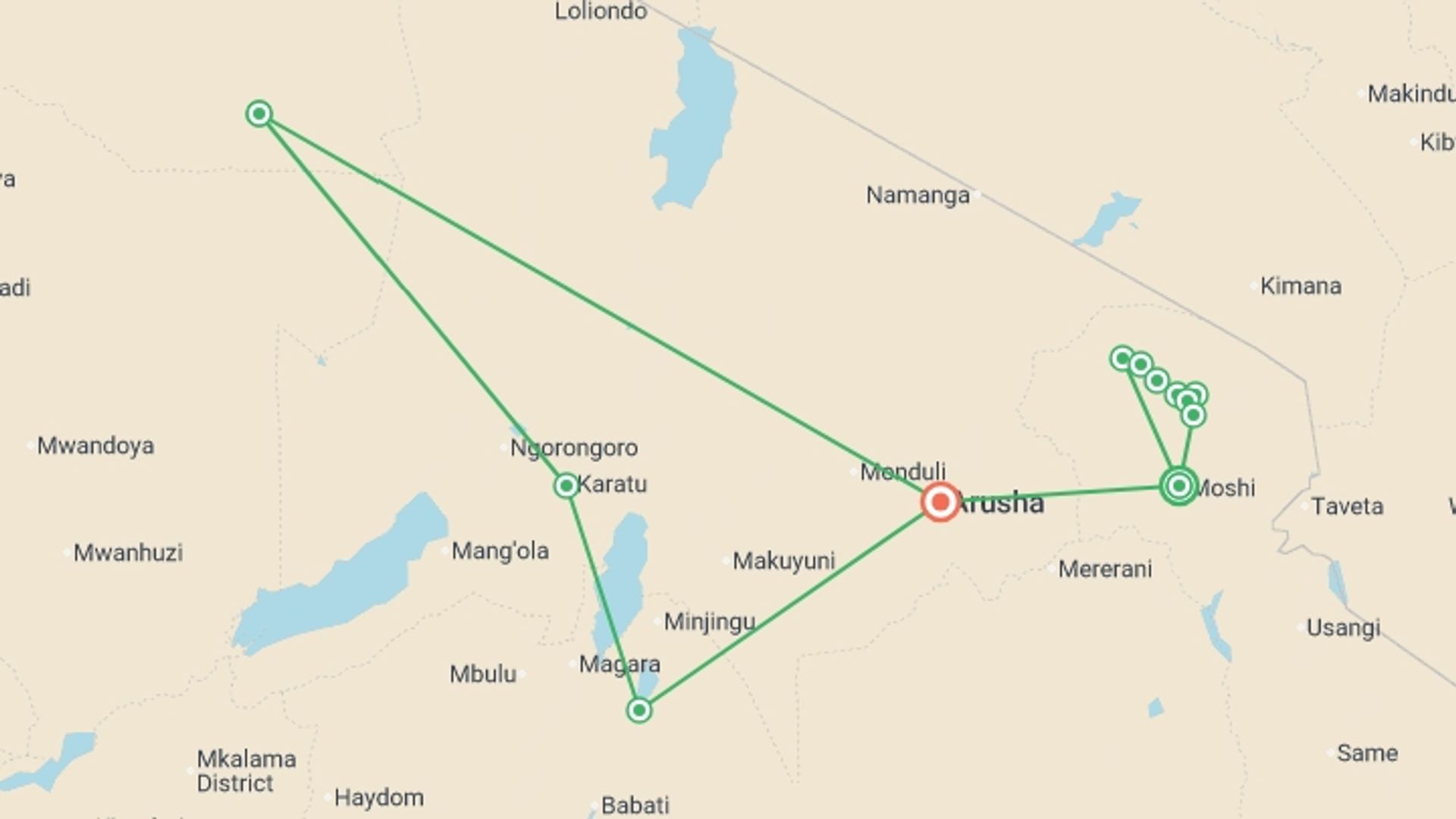 A map showing the tour itinerary for the trip: Tanzania: Kilimanjaro's Lemosho Route & Serengeti Safari, starting in Moshi, Tanzania and ending in Arusha, Tanzania going through 10 other destinations.