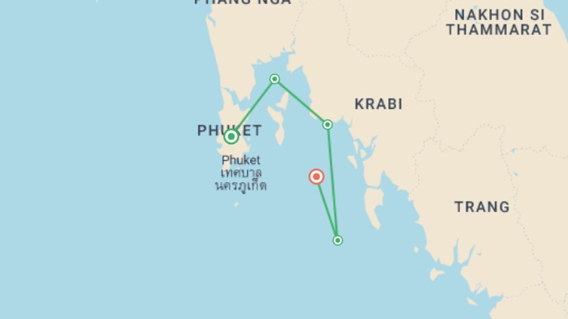 A map showing the tour itinerary for the trip: Sailing Thailand - Phuket to Ko Phi Phi, starting in Phuket, Thailand and ending in Koh Phi Phi, Thailand going through 4 other destinations.
