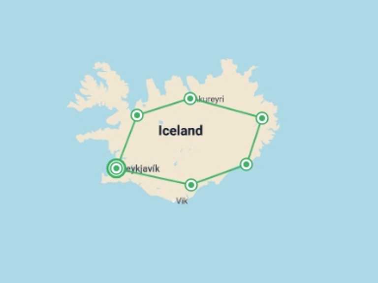 Map itinerary of Europe Tour in November 2026 with 6 destination visits for the trip: Iceland North & South - 6 days