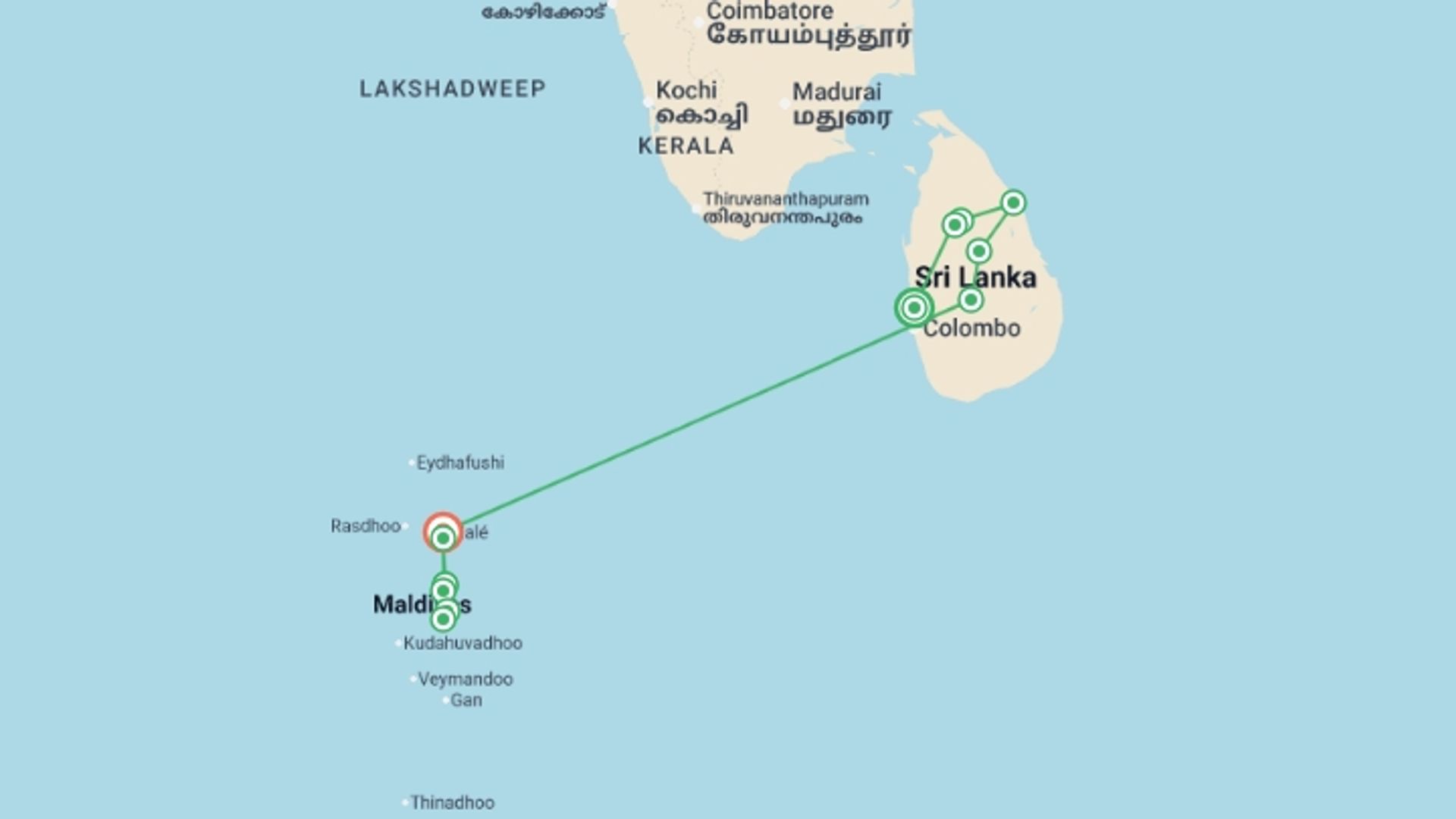 A map showing the tour itinerary for the trip: Highlights of Sri Lanka + Maldive Dhoni Cruise, starting in Negombo, Sri Lanka and ending in Male, Maldives going through 9 other destinations.