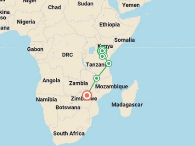Map of a Explorer Tour with 6 destination visits for the trip: Nairobi To Harare (24 Days) Savanna Dawn