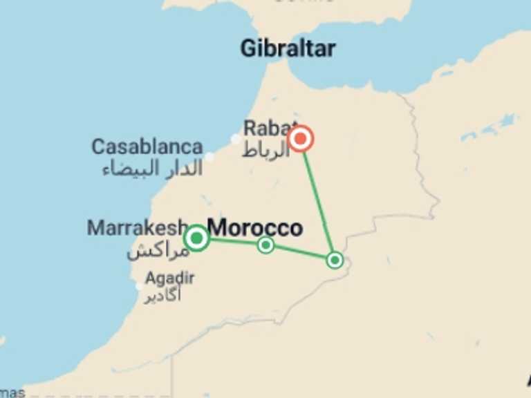 Map itinerary of Marrakech Tour in Winter with 5 destination visits for the trip: Merzouga Gorges & Deserts Private Adventure 3D/2N (Marrakech to Fes)