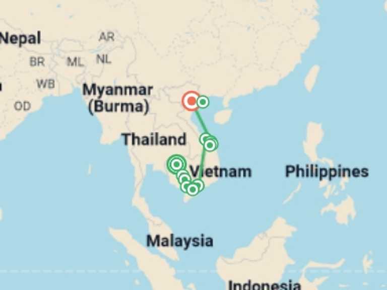 Map itinerary of Hanoi Tour in Winter with 12 destination visits for the trip: From the Temples of Angkor to the Mekong Delta & The Imperial Cities (port-to-port cruise)