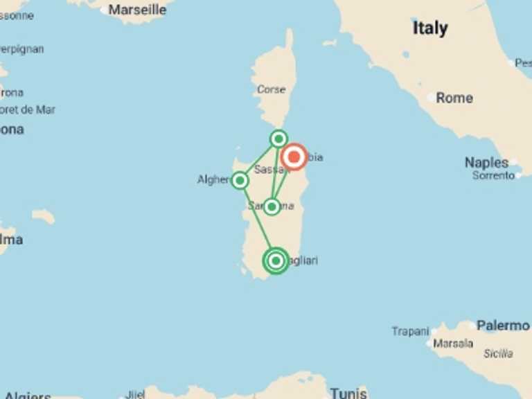 Map of Mediterranean Explorer Tour with 5 destination visits for the trip: Escape to Sardinia - 8 days